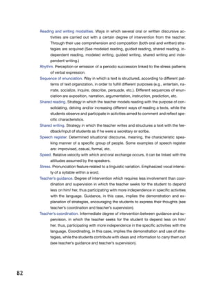 82
Reading and writing modalities. Ways in which several oral or written discursive ac-
tivities are carried out with a certain degree of intervention from the teacher.
Through their use comprehension and composition (both oral and written) stra-
tegies are acquired (See modeled reading, guided reading, shared reading, in-
dependent reading, modeled writing, guided writing, shared writing and inde-
pendent writing.)
Rhythm. Perception or emission of a periodic succession linked to the stress patterns
of verbal expression.
Sequence of enunciation. Way in which a text is structured, according to different pat-
terns of text organization, in order to fulfill different purposes (e.g., entertain, na-
rrate, socialize, inquire, describe, persuade, etc.). Different sequences of enun-
ciation are exposition, narration, argumentation, instruction, prediction, etc.
Shared reading. Strategy in which the teacher models reading with the purpose of con-
solidating, delving and/or increasing different ways of reading a texts, while the
students observe and participate in activities aimed to comment and reflect spe-
cific characteristics.
Shared writing. Strategy in which the teacher writes and structures a text with the fee-
dback/input of students as if he were a secretary or scribe.
Speech register. Determined situational discourse, meaning, the characteristic spea-
king manner of a specific group of people. Some examples of speech register
are: improvised, casual, formal, etc.
Speed. Relative velocity with which and oral exchange occurs, it can be linked with the
attitudes assumed by the speakers.
Stress. Pronunciation feature related to a linguistic variation. Emphasized vocal intensi-
ty of a syllable within a word.
Teacher’s guidance. Degree of intervention which requires less involvement than coor-
dination and supervision in which the teacher seeks for the student to depend
less on him/ her, thus participating with more independence in specific activities
with the language. Guidance, in this case, implies the demonstration and ex-
planation of strategies, encouraging the students to express their thoughts (see
teacher’s coordination and teacher’s supervision).
Teacher’s coordination. Intermediate degree of intervention between guidance and su-
pervision, in which the teacher seeks for the student to depend less on him/
her, thus, participating with more independence in the specific activities with the
language. Coordinating, in this case, implies the demonstration and use of stra-
tegies, while the students contribute with ideas and information to carry them out
(see teacher’s guidance and teacher’s supervision).
 