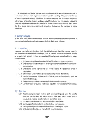 In this stage, students acquire basic competencies in English to participate in
social interactions which, a part from listening and/or reading skills, demand the use
of production skills –mainly speaking– to carry out simple and quotidian communi-
cative tasks of familiar, known, and everyday life matters. For this reason, producing
short and known expressions and phrases to interact with oral and written texts within
the three social learning environments organized throughout the curricula is highly
important.



1. Comprehension
At this level, language comprehension involves an active and proactive participation in
communicative situations of everyday contexts and personal interest.



1.1. Listening
Listening comprehension involves both the ability to understand the general meaning
and some details of short oral exchanges used in different social environments, as well
as to participate actively in them, such as identifying the main idea of radio and televi-
sion programs.
     1.1.1.	 Understand main ideas in spoken texts of familiar and common matters.
     1.1.2.	 Understand detailed instructions to solve problems related to familiar and com-
             mon situations.
     1.1.3.	Understand some expressions and words related to specialized areas of
             knowledge.
     1.1.4.	 Differentiate functions from contexts and components of oral texts.
     1.1.5.	Identify expressions independently of the acoustics characteristics they are
             transmitted through.
     1.1.6.	 Use known resources and strategies to interpret oral messages.
     1.1.7.	 Monitor the oral production of others to adjust the interpretation of the message.



1.2. Reading
     1.2.1.	Reading comprehension involves both understanding and using for specific
             purposes the main idea and some details of short texts from a variety of sour-
             ces, such as reading to edit one’s own and others texts.
     1.2.2.	 Understand texts written in common and colloquial English.
     1.2.3.	 Identify specific information in written texts of everyday use.
     1.2.4.	 Identify meaningful and relevant ideas in texts on everyday topics.
     1.2.5.	 Understand instructions to interact with common objects.




                                              107
 