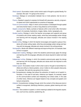 Direct speech. Enunciation mode in which what is said or thought is quoted literally. For
      example, She said: “I’m going to the cinema.”
Exchange. Dialogue or conversation between two or more persons. Can be oral or
      written.
Fluency. Speaker’s capacity to express him/herself with assurance, security, congruen-
      ce speed and rhythm appropriate to a practice of language.
Forms of communication. Ways in which communication is developed through spatial
      and instrumental means: on-site or long distance communication.
Graphic components. Marks, symbols or features within a text which offer information
      about it, for example, illustrations, images, tables, charts, typography, etc.
Guided reading. Strategy in which the teacher encourages and supports and group
      of students with similar reading needs, while they acknowledge certain doings
      and learning with the language, attitudes and values involved in the reading
      process.
Guided writing. Strategy in which the teacher encourages and supports a group of stu-
      dents with similar writing needs, while they acknowledge certain doings and lear-
      ning with the language, attitudes and values involved in the writing process.
Homographs. Words with different meanings and equal writing form, for example, bear:
      animal, to support.
Independent reading. Strategy in which the students autonomously apply the doings
      and learning with the language, attitudes and values required to select and read
      texts.
Independent writing. Strategy in which the students autonomously apply the doings
      and learning with the language, attitudes and values which are required to write
      their own texts.
Indirect speech. Enunciation mode in which what is said or thought is transmitted mo-
      dified and without a literal quotation, since it refers to other people’s discourse,
      for example, She said she was going to the cinema.
Infer. Comprehension strategy that allows the extraction of implicit out of explicit in-
      formation. In the case of oral texts, inference can happen, for example, based
      on the communicative context and interpreting non-verbal codes. In the case
      of written texts, inference can happen based on key concepts and graphic and
      textual components.
Interpret. Comprehension strategy through which the content of the discourse (oral or
      written) is recognized, identifying intentions, purpose, global meaning and main
      ideas.
Intonation. Tone variation to speech, in which meaning is added to the linguistic expres-
      sion, such as irony, surprise, questioning, etc.




                                           159
 
