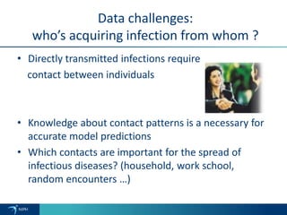 Data challenges:
who’s acquiring infection from whom ?
• Directly transmitted infections require
contact between individuals
• Knowledge about contact patterns is a necessary for
accurate model predictions
• Which contacts are important for the spread of
infectious diseases? (household, work school,
random encounters …)
 