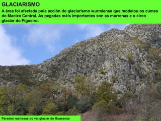 GLACIARISMO
A área foi afectada pola acción do glaciarismo wurmiense que modelou os cumes
do Macizo Central. As pegadas máis importantes son as morrenas e o circo
glaciar do Figueiro.
Parades rochosas do val glaciar de Guasenza
 