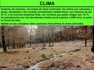 CLIMA
Oceánico de montaña, con trazos de clima continenta. Os veráns son calorosos e
secos, denotando o seu carácter parcialmente mediterráneo, con máximas de ata
34 ºC, e os invernos bastantes fríos, con mínimas que poden chegar aos -12 ºC.
As precipitacóns son moi abundantes (media anual superior a 2000 mm), en parte
en forma de neve.
Debido ao seu complexo relevo aparecen microclimas en áreas reducidas.
 