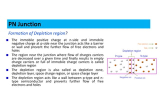 PN Junction
Formation of Depletion region?
The immobile positive charge at n-side and immobile
negative charge at p-side near the junction acts like a barrier
or wall and prevent the further flow of free electrons and
holes
The region near the junction where flow of charges carriers
are decreased over a given time and finally results in empty
charge carriers or full of immobile charge carriers is called
depletion region
The depletion region is also called as depletion zone,
depletion layer, space charge region, or space charge layer
The depletion region acts like a wall between p-type and n-
type semiconductor and prevents further flow of free
electrons and holes
 