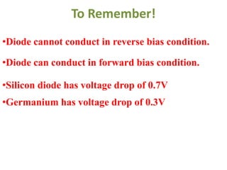To Remember!
•Diode cannot conduct in reverse bias condition.
•Diode can conduct in forward bias condition.
•Silicon diode has voltage drop of 0.7V
•Germanium has voltage drop of 0.3V
 