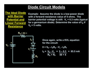 Diode Circuit Models
The Ideal Diode
with Barrier
Potential and
Linear Forward
Resistance
Example: Assume the diode is a low-power diode
with a forward resistance value of 5 ohms. The
barrier potential voltage is still: Vf = 0.3 volts (typical
for a germanium diode) Determine the value of ID if
VA = 5 volts.
+
_
VA
ID
RS = 50 W
Vf
+
RF
Once again, write a KVL equation
for the circuit:
0 = VA – IDRS - Vf - IDRF
ID = VA - Vf = 5 – 0.3 = 85.5 mA
RS + RF 50 + 5
pn-juntion-Diode
 