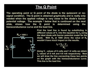 The Q Point
The operating point or Q point of the diode is the quiescent or no-
signal condition. The Q point is obtained graphically and is really only
needed when the applied voltage is very close to the diode’s barrier
potential voltage. The example 3 below that is continued on the next
slide, shows how the Q point is determined using the
transconductance curve and the load line.
+
_
VA
= 6V
ID
RS = 1000 W
Vf
+
First the load line is found by substituting in
different values of Vf into the equation for ID using
the ideal diode with barrier potential model for the
diode. With RS at 1000 ohms the value of RF
wouldn’t have much impact on the results.
ID = VA – V f
RS
Using V f values of 0 volts and 1.4 volts we obtain
ID values of 6 mA and 4.6 mA respectively. Next
we will draw the line connecting these two points
on the graph with the transconductance curve.
This line is the load line.
pn-juntion-Diode
 