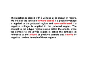 The junction is biased with a voltage Va as shown in Figure.
We will call the junction forward-biased if a positive voltage
is applied to the p-doped region and reversed-biased if a
negative voltage is applied to the p-doped region. The
contact to the p-type region is also called the anode, while
the contact to the n-type region is called the cathode, in
reference to the anions or positive carriers and cations or
negative carriers in each of these regions.
 