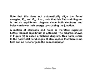 Note that this does not automatically align the Fermi
energies, EF,n and EF,p. Also, note that this flatband diagram
is not an equilibrium diagram since both electrons and
holes can lower their energy by crossing the junction.
A motion of electrons and holes is therefore expected
before thermal equilibrium is obtained. The diagram shown
in Figure (b) is called a flatband diagram. This name refers
to the horizontal band edges. It also implies that there is no
field and no net charge in the semiconductor.
pn-juntion-Diode
 