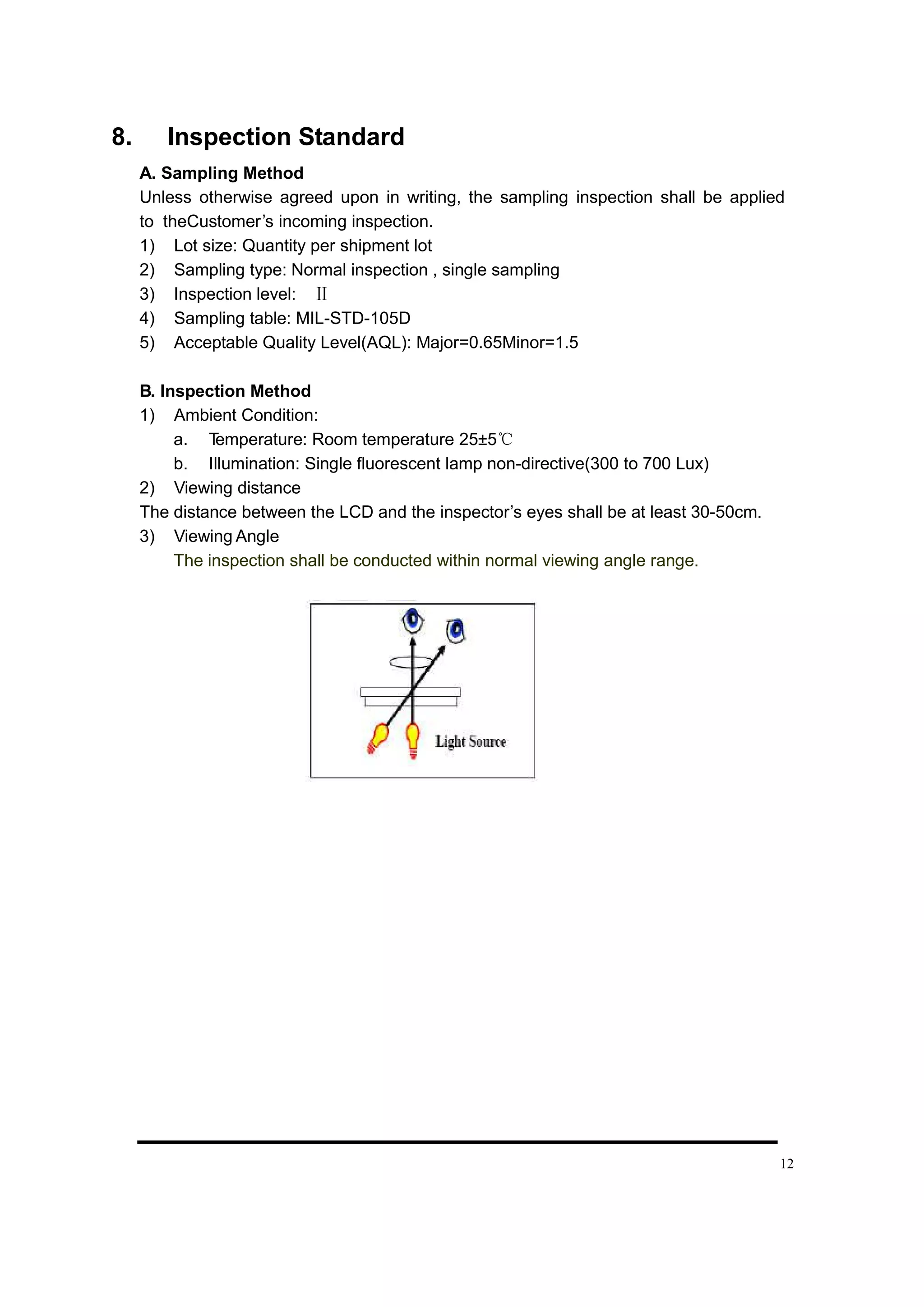 12
8. Inspection Standard
A. Sampling Method
Unless otherwise agreed upon in writing, the sampling inspection shall be applied
to theCustomer’s incoming inspection.
1) Lot size: Quantity per shipment lot
2) Sampling type: Normal inspection , single sampling
3) Inspection level: Ⅱ
4) Sampling table: MIL-STD-105D
5) Acceptable Quality Level(AQL): Major=0.65Minor=1.5
B. Inspection Method
1) Ambient Condition:
a. T
emperature: Room temperature 25±5℃
b. Illumination: Single fluorescent lamp non-directive(300 to 700 Lux)
2) Viewing distance
The distance between the LCD and the inspector’s eyes shall be at least 30-50cm.
3) Viewing Angle
The inspection shall be conducted within normal viewing angle range.
 