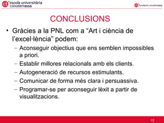 CONCLUSIONS Gràcies a la PNL com a “Art i ciència de l’excel·lència” podem: Aconseguir objectius que ens semblen impossibles a priori. Establir millores relacionals amb els clients. Autogeneració de recursos estimulants. Comunicar de forma més clara i persuassiva. Programar-se per aconseguir lèxit a partir de visualitzacions. 