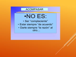 ACOMPASAR


     •NO ES:
    • Ser “complaciente”
• Estar siempre “de acuerdo”
• Darle siempre “la razón” al
            otro…
 