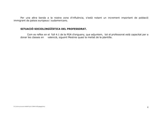 Per una altra banda a la nostra zona d'influència, s'està notant un increment important de població
immigrant de països europeus i sudamericans.


            SITUACIÓ SOCIOLINGÜÍSTICA DEL PROFESSORAT.

                 Com es reflex en el full 4.1 de la PGA d’enguany, que adjuntem, tot el professorat està capacitat per a
            donar les classes en  valencià, siguent Mestres quasi la meitat de la plantilla.




D:ConFacconversion14640487pnl-121008143306-phpapp02.doc
                                                                                                                       4
 