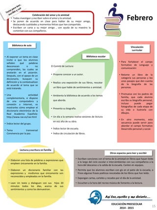 Celebración del amor y la amistad
• Todos investigan y escriben sobre el amor y la amistad.
• Se ponen de acuerdo en clase para hablar de su mejor amigo,
destacando cualidades y momentos felices que han compartido.
• Escriben un carta a su mejor amigo , con ayuda de su maestro la
comentan con sus compañeros.
El Comité de Lectura:
• Propone conocer a un autor.
• Realiza una exposición de sus libros, rescatar
un libro que hable de sentimientos o amistad.
• Ambienta la biblioteca de acuerdo a los temas
que aborda.
• Presenta su biografía.
• Un día a la semana realiza sesiones de lectura
en voz alta de su obra.
• Índice lector de escuela.
• Índice de circulación de libros.
Biblioteca escolar
• Para fortalecer el campo
formativo de Lenguaje y
comunicación:
• Retome un libro de la
categoría Las personas y lea
unos pasajes que den cuenta
de la biografía de las
personas.
• Promueva con los padres de
familia, que cada alumno
escriba su biografía personal,
incluso puede pegar
fotografías de cada etapa de
su vida o ilustrarla con
dibujos.
• En otro momento, esta
secuencia puede servir para
abordar el campo formativo
Desarrollo personal y social.
Vinculación
curricular
• Elaboren una lista de palabras o expresiones que
empleen únicamente en la familia.
• Elaboren un diccionario familiar con las
expresiones y modismos que únicamente son
reconocidos y empleados en la familia.
• Lean Un texto y dialoguen con sus hijos 20
minutos todos los días, acerca de sus
sentimientos y como los demuestran.
Lectura y escritura en familia
• Escriban canciones con el tema de la amistad en libros que hayan leído
a lo largo del ciclo escolar e intercámbienlas con sus compañeros a la
hora del descanso o la salida de la escuela. Canten en equipos.
• Permita que los alumnos escriban con gis en el patio de la escuela, o
frisos algunas frases poéticas rescatadas de los libros que han leído.
• Expongan cartas, carteles y recados por el día de la amistad.
• Escuchen a la hora del recreo música de fomento a la lectura.
Otros espacios para leer y escribir
• Al exponer un tema en clase
invite a que los alumnos
señalen qué palabras
desconocen o no
comprenden, las cuales se
anotarán en el pizarrón.
Después, con el apoyo de un
diccionario, busquen su
definición y la contextualizan
de acuerdo al tema que se
está tratando.
• Una actividad
complementaria, si dispone
de una computadora y
conexión a Internet, es
mostrarles cómo emplear el
diccionario electrónico de la
Real Academia Española:
http://www.rae.es/rae.html
• Índice lector del grupo.
• Tema transversal
Convivencia por la paz.
Biblioteca de aula
Así leo, escribo y me divierto…
EDUCACIÓN PREESCOLAR
2014 - 2015
Febrero
15
 