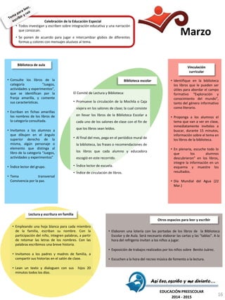 Celebración de la Educación Especial
• Todos investigan y escriben sobre integración educativa y una narración
que conozcan.
• Se ponen de acuerdo para jugar e intercambiar globos de diferentes
formas y colores con mensajes alusivos al tema.
El Comité de Lectura y Biblioteca:
• Promueve la circulación de la Mochila o Caja
viajera en los salones de clase; la cual consiste
en llevar los libros de la Biblioteca Escolar a
cada uno de los salones de clase con el fin de
que los libros sean leídos.
• Al final del mes, pega en el periódico mural de
la biblioteca, las frases o recomendaciones de
los libros que cada alumno y educadora
escogió en este recorrido.
• Índice lector de escuela.
• Índice de circulación de libros.
Biblioteca escolar • Identifique en la biblioteca
los libros que le pueden ser
útiles para abordar el campo
formativo “Exploración y
conocimiento del mundo”,
tanto del género informativo
como literario.
• Proponga a los alumnos el
tema que van a ver en clase,
inmediatamente invítelos a
buscar, durante 15 minutos,
información sobre el tema en
los libros de la biblioteca.
• En plenaria, escuche todo lo
que los alumnos
descubrieron” en los libros,
integre la información en un
esquema y muestre los
resultados.
• Día Mundial del Agua (22
Mar.)
Vinculación
curricular
• Empleando una hoja blanca para cada miembro
de la familia, escriban su nombre. Con la
participación del niño, integren palabras, a partir
de retomar las letras de los nombres. Con las
palabras escribimos una breve historia.
• Invitamos a los padres y madres de familia, a
compartir sus historias en el salón de clase.
• Lean un texto y dialoguen con sus hijos 20
minutos todos los días.
Lectura y escritura en familia
• Elaboren una lotería con las portadas de los libros de la Biblioteca
Escolar y de Aula. Será necesario elaborar las cartas y las “tablas”. A la
hora del refrigerio inviten a los niños a jugar.
• Exposición de trabajos realizados por los niños sobre Benito Juárez.
• Escuchen a la hora del recreo música de fomento a la lectura.
Otros espacios para leer y escribir
• Consulte los libros de la
categoría “Juegos,
actividades y experimentos”,
que se identifican por la
franja amarilla, y comente
sus características.
• Escriban en fichas amarillas
los nombres de los libros de
la categoría consultada.
• Invitamos a los alumnos a
que dibujen en el ángulo
superior derecho de la
misma, algún personaje o
elemento que distinga al
libro de la categoría “Juegos,
actividades y experimentos”
• Índice lector del grupo.
• Tema transversal
Convivencia por la paz.
Biblioteca de aula
Así leo, escribo y me divierto…
EDUCACIÓN PREESCOLAR
2014 - 2015
Marzo
16
 