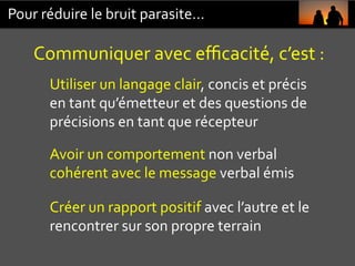 Pour	réduire	le	bruit	parasite…	
Communiquer	avec	eﬃcacité,	c’est	:	
Utiliser	un	langage	clair,	concis	et	précis	
en	tant	...