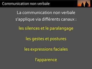 Communication	non	verbale	
	
La	communication	non	verbale		
s’applique	via	diﬀérents	canaux	:	
les	silences	et	le	paralang...