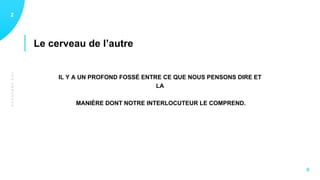LESCERVEAUX
Le cerveau de l’autre
12
6
IL Y A UN PROFOND FOSSÉ ENTRE CE QUE NOUS PENSONS DIRE ET
LA
MANIÈRE DONT NOTRE INTERLOCUTEUR LE COMPREND.
 