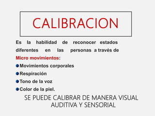 CALIBRACION
Es la habilidad de reconocer estados
diferentes en las personas a través de
Micro movimientos:
Movimientos corporales
Respiración
Tono de la voz
Color de la piel.
SE PUEDE CALIBRAR DE MANERA VISUAL
AUDITIVA Y SENSORIAL
 