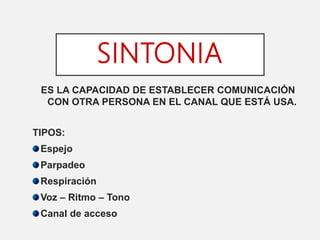 SINTONIA
ES LA CAPACIDAD DE ESTABLECER COMUNICACIÓN
CON OTRA PERSONA EN EL CANAL QUE ESTÁ USA.
TIPOS:
Espejo
Parpadeo
Respiración
Voz – Ritmo – Tono
Canal de acceso
 