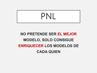 PNL
NO PRETENDE SER EL MEJOR
MODELO, SOLO CONSIGUE
ENRIQUECER LOS MODELOS DE
CADA QUIEN
 