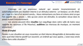 18
Exercice 1 : l'ancrage
L’ancrage est un processus naturel qui associe inconsciemment et
automatiquement une réaction interne à un stimulus externe : un bonjour, un clin d’œil,
un « tope là » lors d’un accord conclu… Nous mémorisons ces liens et créons ainsi ce que
l’on appelle des « ancres ». Dés qu’une ancre est stimulée, la sensation vécue dans le
passé revient instantanément.
Les ancres peuvent être visuelles (un coquillage dans votre salle de bains vous
rappelle les vacances à l’île Maurice), auditives (ce morceau de musique, un moment
amoureux)
Mode d'emploi
Pensez à une situation où vous ressentez un état interne désagréable et demandez-vous
dans quel état interne positif (un souvenir, un endroit qui vous apaise…) avez-vous envie
d’être dans cette situation ?
 
