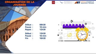 ORGANISATION DE LA
JOURNÉE
Début : 08h30
Pause : 10 min
Repas : 12h30
Début : 13h30
Pause : 10 min
Fin : 16h30
 