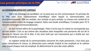 9
Les grands principes de la PNL
LA COMMUNICATION EST CAPITALE
Dans nos échanges au quotidien, on ne peut pas ne rien communiquer. Ce principe de
la PNL part d’un raisonnement scientifique selon lequel la communication est
pluridimensionnelle. Elle est verbale, non verbale et para verbale. Le niveau non verbal de la
communication relève du langage corporel. Selon une étude scientifique, il compte pour 55 %
dans les échanges communicationnels.
Le non verbal relève de la psychologie. Mais il arrive que le verbal ne corresponde pas
au non verbal. C’est ce qui amène des situations dans lesquelles une personne dit oui de la
bouche en faisant non de la tête. Il est ainsi trahi par son inconscient qui a révélé par son
corps le fond de sa pensée.
Le registre verbal de la communication concerne les mots prononcés, c’est celui que
nous connaissons le mieux. La dimension para verbale traduit le ton employé et le rythme
avec lequel chaque mot est employé. Ils déterminent le sens des mots utilisés.
 