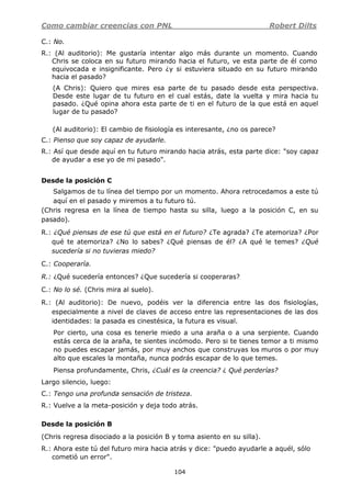 Como cambiar creencias con PNL Robert Dilts
104
C.: No.
R.: (Al auditorio): Me gustaría intentar algo más durante un momento. Cuando
Chris se coloca en su futuro mirando hacia el futuro, ve esta parte de él como
equivocada e insignificante. Pero ¿y si estuviera situado en su futuro mirando
hacia el pasado?
(A Chris): Quiero que mires esa parte de tu pasado desde esta perspectiva.
Desde este lugar de tu futuro en el cual estás, date la vuelta y mira hacia tu
pasado. ¿Qué opina ahora esta parte de ti en el futuro de la que está en aquel
lugar de tu pasado?
(Al auditorio): El cambio de fisiología es interesante, ¿no os parece?
C.: Pienso que soy capaz de ayudarle.
R.: Así que desde aquí en tu futuro mirando hacia atrás, esta parte dice: "soy capaz
de ayudar a ese yo de mi pasado".
Desde la posición C
Salgamos de tu línea del tiempo por un momento. Ahora retrocedamos a este tú
aquí en el pasado y miremos a tu futuro tú.
(Chris regresa en la línea de tiempo hasta su silla, luego a la posición C, en su
pasado).
R.: ¿Qué piensas de ese tú que está en el futuro? ¿Te agrada? ¿Te atemoriza? ¿Por
qué te atemoriza? ¿No lo sabes? ¿Qué piensas de él? ¿A qué le temes? ¿Qué
sucedería si no tuvieras miedo?
C.: Cooperaría.
R.: ¿Qué sucedería entonces? ¿Que sucedería si cooperaras?
C.: No lo sé. (Chris mira al suelo).
R.: (Al auditorio): De nuevo, podéis ver la diferencia entre las dos fisiologías,
especialmente a nivel de claves de acceso entre las representaciones de las dos
identidades: la pasada es cinestésica, la futura es visual.
Por cierto, una cosa es tenerle miedo a una araña o a una serpiente. Cuando
estás cerca de la araña, te sientes incómodo. Pero si te tienes temor a ti mismo
no puedes escapar jamás, por muy anchos que construyas los muros o por muy
alto que escales la montaña, nunca podrás escapar de lo que temes.
Piensa profundamente, Chris, ¿Cuál es la creencia? ¿ Qué perderías?
Largo silencio, luego:
C.: Tengo una profunda sensación de tristeza.
R.: Vuelve a la meta-posición y deja todo atrás.
Desde la posición B
(Chris regresa disociado a la posición B y toma asiento en su silla).
R.: Ahora este tú del futuro mira hacia atrás y dice: "puedo ayudarle a aquél, sólo
cometió un error".
 