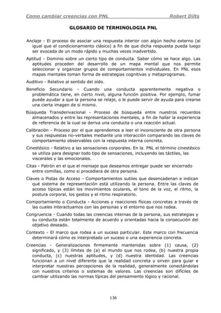 Como cambiar creencias con PNL Robert Dilts
136
GLOSARIO DE TERMINOLOGIA PNL
Anclaje - El proceso de asociar una respuesta interior con algún hecho externo (al
igual que el condicionamiento clásico) a fin de que dicha respuesta pueda luego
ser evocada de un modo rápido y muchas veces inadvertido.
Aptitud - Dominio sobre un cierto tipo de conducta. Saber cómo se hace algo. Las
aptitudes proceden del desarrollo de un mapa mental que nos permite
seleccionar y organizar grupos de comportamientos individuales. En PNL esos
mapas mentales toman forma de estrategias cognitivas y metaprogramas.
Auditivo - Relativo al sentido del oído.
Beneficio Secundario - Cuando una conducta aparentemente negativa o
problemática tiene, en cierto nivel, alguna función positiva. Por ejemplo, fumar
puede ayudar a que la persona se relaje, o le puede servir de ayuda para crearse
una cierta imagen de sí mismo.
Búsqueda Transderivacional - Proceso de búsqueda entre nuestros recuerdos
almacenados y entre las representaciones mentales, a fin de hallar la experiencia
de referencia de la cual se deriva una conducta o una reacción actual.
Calibración - Proceso por el que aprendemos a leer el inconsciente de otra persona
y sus respuestas no-verbales mediante una interacción comparando las claves de
comportamiento observables con la respuesta interna concreta.
Cinestésico - Relativo a las sensaciones corporales. En la. PNL el término cinestésico
se utiliza para designar todo tipo de sensaciones, incluyendo las táctiles, las
viscerales y las emocionales.
Citas - Patrón en el que el mensaje que deseamos entregar puede ser encerrado
entre comillas, como si procediera de otra persona.
Claves o Pistas de Acceso - Comportamientos sutiles que desencadenan e indican
qué sistema de representación está utilizando la persona. Entre las claves de
acceso típicas están los movimientos oculares, el tono de la voz, el ritmo, la
postura corporal, los gestos y el ritmo respiratorio.
Comportamiento o Conducta - Acciones y reacciones físicas concretas a través de
las cuales interactuamos con las personas y el entorno que nos rodea.
Congruencia - Cuando todas las creencias internas de la persona, sus estrategias y
su conducta están totalmente de acuerdo y orientadas hacia la consecución del
objetivo deseado.
Contexto - El marco que rodea a un suceso particular. Este marco con frecuencia
determinará cómo es interpretado un suceso o una experiencia concreta.
Creencias - Generalizaciones firmemente mantenidas sobre (1) causa, (2)
significado, y (3) límites de (a) el mundo que nos rodea, (b) nuestra propia
conducta, (c) nuestras aptitudes, y (d) nuestra identidad. Las creencias
funcionan a un nivel diferente que la realidad concreta y sirven para guiar e
interpretar nuestras percepciones de la realidad, generalmente conectándolas
con nuestros criterios o sistemas de valores. Las creencias son difíciles de
cambiar utilizando las normas típicas del pensamiento lógico y racional.
 