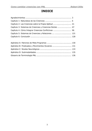 Como cambiar creencias con PNL Robert Dilts
3
INDICE
Agradecimientos .......................................................................... 3
Capítulo 1: Naturaleza de las Creencias .......................................... 6
Capítulo 2: Las Creencias sobre la Propia Aptitud ............................. 21
Capítulo 3: Sistemas de Creencias y Creencias Núcleo ...................... 47
Capítulo 4: Cómo Integrar Creencias Conflictivas ............................. 96
Capítulo 5: Sistemas de Creencias y Relaciones .... .......................... 121
Capítulo 6: Conclusión .................................................................. 128
Apéndice A: Patrones de Meta Programas ........................................ 130
Apéndice B: Predicados y Movimientos Oculares ............................... 131
Apéndice C: Niveles Neurológicos ................................................... 133
Apéndice D: Submodalidades ........................................................ 135
Glosario de Terminología PNL ........................................................ 136
 