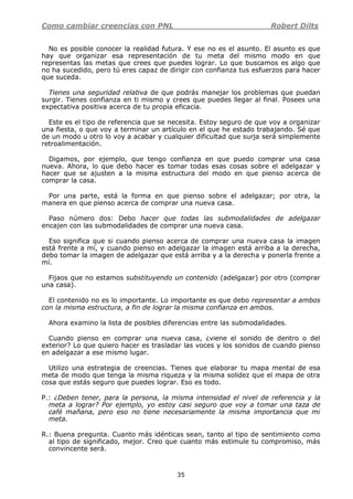 Como cambiar creencias con PNL Robert Dilts
35
No es posible conocer la realidad futura. Y ese no es el asunto. El asunto es que
hay que organizar esa representación de tu meta del mismo modo en que
representas las metas que crees que puedes lograr. Lo que buscamos es algo que
no ha sucedido, pero tú eres capaz de dirigir con confianza tus esfuerzos para hacer
que suceda.
Tienes una seguridad relativa de que podrás manejar los problemas que puedan
surgir. Tienes confianza en ti mismo y crees que puedes llegar al final. Posees una
expectativa positiva acerca de tu propia eficacia.
Este es el tipo de referencia que se necesita. Estoy seguro de que voy a organizar
una fiesta, o que voy a terminar un artículo en el que he estado trabajando. Sé que
de un modo u otro lo voy a acabar y cualquier dificultad que surja será simplemente
retroalimentación.
Digamos, por ejemplo, que tengo confianza en que puedo comprar una casa
nueva. Ahora, lo que debo hacer es tomar todas esas cosas sobre el adelgazar y
hacer que se ajusten a la misma estructura del modo en que pienso acerca de
comprar la casa.
Por una parte, está la forma en que pienso sobre el adelgazar; por otra, la
manera en que pienso acerca de comprar una nueva casa.
Paso número dos: Debo hacer que todas las submodalidades de adelgazar
encajen con las submodalidades de comprar una nueva casa.
Eso significa que si cuando pienso acerca de comprar una nueva casa la imagen
está frente a mí, y cuando pienso en adelgazar la imagen está arriba a la derecha,
debo tomar la imagen de adelgazar que está arriba y a la derecha y ponerla frente a
mí.
Fijaos que no estamos substituyendo un contenido (adelgazar) por otro (comprar
una casa).
El contenido no es lo importante. Lo importante es que debo representar a ambos
con la misma estructura, a fin de lograr la misma confianza en ambos.
Ahora examino la lista de posibles diferencias entre las submodalidades.
Cuando pienso en comprar una nueva casa, ¿viene el sonido de dentro o del
exterior? Lo que quiero hacer es trasladar las voces y los sonidos de cuando pienso
en adelgazar a ese mismo lugar.
Utilizo una estrategia de creencias. Tienes que elaborar tu mapa mental de esa
meta de modo que tenga la misma riqueza y la misma solidez que el mapa de otra
cosa que estás seguro que puedes lograr. Eso es todo.
P.: ¿Deben tener, para la persona, la misma intensidad el nivel de referencia y la
meta a lograr? Por ejemplo, yo estoy casi seguro que voy a tomar una taza de
café mañana, pero eso no tiene necesariamente la misma importancia que mi
meta.
R.: Buena pregunta. Cuanto más idénticas sean, tanto al tipo de sentimiento como
al tipo de significado, mejor. Creo que cuanto más estimule tu compromiso, más
convincente será.
 