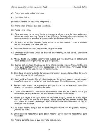 Como cambiar creencias con PNL Robert Dilts
58
C.: Tengo que saltar sobre una cosa.
R.: Está bien. Salta.
(Carla salta sobre un obstáculo imaginario.)
R.: Ahora estás antes de que eso sucediera.
C.: Puedo verlo venir.
R.: Bien, entonces da un paso hasta antes que te alcance, o más bien, velo en el
futuro, de modo que esté frente a ti, en el futuro. Estás en el momento antes de
que eso sucediera, viéndolo y entonces ello se disipa en el futuro.
C.: Es como si hubiera llegado hasta antes de mi nacimiento, como si hubiera
nacido para tener que pasar por eso.
R: Entonces demos un paso hasta antes de que nacieras.
C.: Entonces estaría libre.(Risas de alivio en el auditorio). (CarIa se ríe.) Debo salir
de mi madre.
R: Ahora, desde ahí, puedes observar ese suceso que va a ocurrir, pero estás fuera
de él. Estás en un lugar antes de que eso pasara.
C.: Cuando salí mi dolor de cabeza se fue y ahora cuando veo eso lejos, frente a mí,
como para deshacerme de ello, desaparece y me siento libre. Pero luego tengo
que afrontarlo otra vez, vuelve inmediatamente.
R: Bien. Para empezar detente durante un momento y sigue estando libre de "eso";
vuelve atrás y no mires al suceso.
C.: Pero está volviendo. No sé cómo alejarme. Lo mismo ocurre cuando quiero
engañarlo para ser creativa sin que nadie lo sepa. Si me doy cuenta, vuelve.
R: Primero, sólo quiero que encuentres un lugar donde por un momento estés libre
de eso; tal vez si vas todavía más atrás.
C.: Como tú lo has dicho, ahora todo el mundo lo sabe. Esa es la razón por la que
eso vuelve para alcanzarme. Me encuentra incluso en la oscuridad.
R: Quiero que vayas a un lugar donde no te pueda atrapar, donde no pueda llegar
hasta ti. Piensa en ello de este modo, desde donde te encuentras, viendo ese
sitio futuro en tu línea del tiempo: ese suceso todavía no ha ocurrido. Incluso no
tiene por qué suceder.
C.: No puedo hacerla porque eso me está atrayendo hacia allá. Me gustaría hacerla,
pero no sé cómo.
R: ¿Que creencia necesitarías para poder hacerlo? ¿Qué creencia necesitarías para
liberarte?
C.: Tendría derecho a ser lo que soy y ello estaría bien.
 