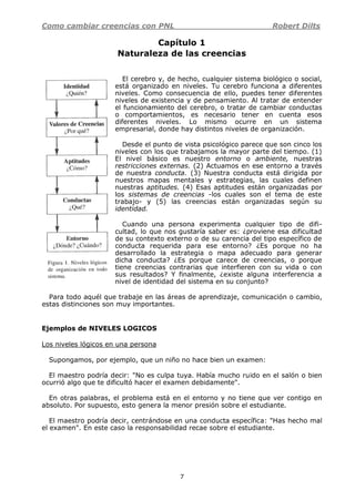Como cambiar creencias con PNL Robert Dilts
7
Capítulo 1
Naturaleza de las creencias
El cerebro y, de hecho, cualquier sistema biológico o social,
está organizado en niveles. Tu cerebro funciona a diferentes
niveles. Como consecuencia de ello, puedes tener diferentes
niveles de existencia y de pensamiento. Al tratar de entender
el funcionamiento del cerebro, o tratar de cambiar conductas
o comportamientos, es necesario tener en cuenta esos
diferentes niveles. Lo mismo ocurre en un sistema
empresarial, donde hay distintos niveles de organización.
Desde el punto de vista psicológico parece que son cinco los
niveles con los que trabajamos la mayor parte del tiempo. (1)
El nivel básico es nuestro entorno o ambiente, nuestras
restricciones externas. (2) Actuamos en ese entorno a través
de nuestra conducta. (3) Nuestra conducta está dirigida por
nuestros mapas mentales y estrategias, las cuales definen
nuestras aptitudes. (4) Esas aptitudes están organizadas por
los sistemas de creencias -los cuales son el tema de este
trabajo- y (5) las creencias están organizadas según su
identidad.
Cuando una persona experimenta cualquier tipo de difi-
cultad, lo que nos gustaría saber es: ¿proviene esa dificultad
de su contexto externo o de su carencia del tipo específico de
conducta requerida para ese entorno? ¿Es porque no ha
desarrollado la estrategia o mapa adecuado para generar
dicha conducta? ¿Es porque carece de creencias, o porque
tiene creencias contrarias que interfieren con su vida o con
sus resultados? Y finalmente, ¿existe alguna interferencia a
nivel de identidad del sistema en su conjunto?
Para todo aquél que trabaje en las áreas de aprendizaje, comunicación o cambio,
estas distinciones son muy importantes.
Ejemplos de NIVELES LOGICOS
Los niveles lógicos en una persona
Supongamos, por ejemplo, que un niño no hace bien un examen:
El maestro podría decir: "No es culpa tuya. Había mucho ruido en el salón o bien
ocurrió algo que te dificultó hacer el examen debidamente".
En otras palabras, el problema está en el entorno y no tiene que ver contigo en
absoluto. Por supuesto, esto genera la menor presión sobre el estudiante.
El maestro podría decir, centrándose en una conducta específica: "Has hecho mal
el examen". En este caso la responsabilidad recae sobre el estudiante.
 