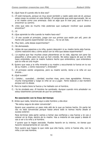 Como cambiar creencias con PNL Robert Dilts
72
R: ¿Qué hace él cuando ella le dice eso?
C.: Él está tranquilo, porque es muy joven también y nadie sabe esto de él, porque
estas cosas no existen en esta familia. Él comprende que está equivocado. No ve
a mi madre como una amenaza. Esto es algo que le trae paz, que lo lleva a
encontrar su camino.
R: ¿Ves que esto es mucho más poderoso que cualquier revólver que puedas
encontrar?
C.: Sí.
R: ¿Que aprende la niña cuando la madre hace eso?
C.: Si eso sucede al principio, juega con sus primos que están por allí, pero de
hecho ella quería experimentar con eso y... Ya no sé más.
R.: Muy bien, ¿ella desea experimentar?
C.: No demasiado.
R.: Antes de que pasemos a la niña, quiero descubrir si su madre tenía esta fuerza.
¿Cómo reaccionó ella y cómo actuó con la niña que desea experimentar?
C.: Le explica que hay muchas cosas placenteras en la vida, algunas son para los
pequeños y otras para los que ya han crecido. No estoy segura de que la niña
haya entendido, pero la madre hubiera hecho que entendiera; que entendiera
que la niña es una mujer.
R: Quiero que veas a la niña mirando a su madre y escuchando la fuerza en la voz
de su madre. ¿ Cómo reacciona? ¿ Entiende?
C.: Al principio siente vergüenza, pero su madre sonríe, toma a la niña en sus
brazos...
R: ¿Qué sucede?
C.: Calidez... suavidad... claridad, muchas risas, pero risas agradables. Primero,
mucha tranquilidad y luego la niña se va a jugar. Teme todavía a ese hombre
porque aún lo desea.
R: Pero la madre tiene la fuerza y ha hablado con el hombre.
C.: Ya he olvidado eso. El hombre ha cambiado. Aunque cuando miro alrededor no
estoy totalmente convencida de que ha cambiado.
Re-asociación con la línea del tiempo
R: Antes que nada, tenemos aquí a este hombre y ella dice:
"No estoy segura de estar convencida".
Quiero que vayamos un paso más allá de lo que ya hemos hecho. En parte tal
vez no está convencida porque hasta ahora todo lo hemos hecho desde el
suceso exterior.
Para terminar esta parte vamos a tomar esa confianza y esa fuerza y te vas a
colocar en la línea, dentro de tu madre. Vas a meterte en ese papel y desde él
vas a ver a la niña y al hombre.
Y quiero que lo hagas asociada. Puedes hacerlo en tu interior, no tienes que
hacerlo necesariamente en voz alta.
Pero quiero que hagas lo que viste que ella hacía, como si fueras ella, con la
niña y con ese hombre.
 