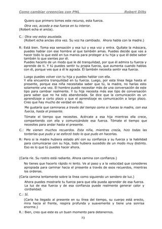 Como cambiar creencias con PNL Robert Dilts
73
Quiero que primero tomes este recurso, esta fuerza.
Otra vez, accede a esa fuerza en tu interior.
(Robert echa el ancla).
C.: Otra vez estoy asustada.
(Robert echa anclas otra vez. Su voz ha cambiado. Ahora habla con la madre.)
R: Está bien. Toma esa sensación y esa luz y esa voz y entra. Quítate la máscara,
puedes hablar con ese hombre al que también amas. Puedes decide que vas a
hacer todo lo que esté en tus manos para proteger a tu hija y que él debe saber
también lo que sientes por él.
Puedes hacerlo de un modo que le dé tranquilidad, por que él admira tu fuerza y
aprende de ti. Y tú puedes sentir tu propia fuerza, que aumenta cuando hablas
con él, porque ves que a él le agrada. Él también necesita sentir esa fuerza.
Luego puedes volver con tu hija y puedes hablar con ella.
Y ella encuentra tranquilidad en tu fuerza. Luego, por esta línea llega hasta el
presente, porque esa niña necesitaba saber que tú, la madre, no harías esto
solamente una vez. El hombre puede necesitar más de una conversación de este
tipo para cambiar realmente. Y tu hija necesita más ese tipo de conversación
para saber que no ha sido abandonada. Se dice que la comunicación es un
aprendizaje a corto plazo y que el aprendizaje es comunicación a largo plazo.
Creo que hay mucho de verdad en ello.
Me gustaría que caminaras a través del tiempo como si fueras la madre, con esa
fuerza, hasta el presente.
Tómate el tiempo que necesites. Acércate a esa hija mientras ella crece,
compartiendo con ella y comunicándole esa fuerza. Tómate el tiempo que
necesites para andar hasta el presente.
C.: Me vienen muchos recuerdos. Esta niña, mientras crecía, hizo todas las
tonterías que pudo y se esforzó todo lo que pudo en hacerlas.
R: Pero si la madre hubiera estado ahí con su confianza y su fuerza y la habilidad
para comunicarse con su hija, todo hubiera sucedido de un modo muy distinto.
Eso es lo que tú puedes hacer ahora.
(Carla ríe. Su rostro está radiante. Ahora camina con confianza.)
No tienes que hacerlo rápido ni lento. Ve al paso y a la velocidad que consideres
apropiada para caminar hacia el presente a través de esos recuerdos, mientras
los ordenas.
(Carla camina lentamente sobre la línea como siguiendo un sendero de luz.)
Ahora puedes mostrarle tu fuerza para que ella pueda aprender de esa fuerza.
La luz de esa fuerza y de esa confianza puede realmente generar calor y
cordialidad.
C.: Sí.
(Carla ha llegado al presente en su línea del tiempo, su cuerpo está erecto,
mira hacia el frente, respira profunda y suavemente y tiene una sonrisa
enorme.)
R.: Bien, creo que este es un buen momento para detenernos.
 