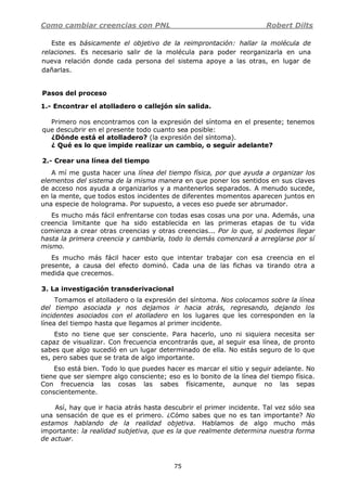 Como cambiar creencias con PNL Robert Dilts
75
Este es básicamente el objetivo de la reimprontación: hallar la molécula de
relaciones. Es necesario salir de la molécula para poder reorganizarla en una
nueva relación donde cada persona del sistema apoye a las otras, en lugar de
dañarlas.
Pasos del proceso
1.- Encontrar el atolladero o callejón sin salida.
Primero nos encontramos con la expresión del síntoma en el presente; tenemos
que descubrir en el presente todo cuanto sea posible:
¿Dónde está el atolladero? (la expresión del síntoma).
¿ Qué es lo que impide realizar un cambio, o seguir adelante?
2.- Crear una línea del tiempo
A mí me gusta hacer una línea del tiempo física, por que ayuda a organizar los
elementos del sistema de la misma manera en que poner los sentidos en sus claves
de acceso nos ayuda a organizarlos y a mantenerlos separados. A menudo sucede,
en la mente, que todos estos incidentes de diferentes momentos aparecen juntos en
una especie de holograma. Por supuesto, a veces eso puede ser abrumador.
Es mucho más fácil enfrentarse con todas esas cosas una por una. Además, una
creencia limitante que ha sido establecida en las primeras etapas de tu vida
comienza a crear otras creencias y otras creencias... Por lo que, si podemos llegar
hasta la primera creencia y cambiarla, todo lo demás comenzará a arreglarse por sí
mismo.
Es mucho más fácil hacer esto que intentar trabajar con esa creencia en el
presente, a causa del efecto dominó. Cada una de las fichas va tirando otra a
medida que crecemos.
3. La investigación transderivacional
Tomamos el atolladero o la expresión del síntoma. Nos colocamos sobre la línea
del tiempo asociada y nos dejamos ir hacia atrás, regresando, dejando los
incidentes asociados con el atolladero en los lugares que les corresponden en la
línea del tiempo hasta que llegamos al primer incidente.
Esto no tiene que ser consciente. Para hacerlo, uno ni siquiera necesita ser
capaz de visualizar. Con frecuencia encontrarás que, al seguir esa línea, de pronto
sabes que algo sucedió en un lugar determinado de ella. No estás seguro de lo que
es, pero sabes que se trata de algo importante.
Eso está bien. Todo lo que puedes hacer es marcar el sitio y seguir adelante. No
tiene que ser siempre algo consciente; eso es lo bonito de la línea del tiempo física.
Con frecuencia las cosas las sabes físicamente, aunque no las sepas
conscientemente.
Así, hay que ir hacia atrás hasta descubrir el primer incidente. Tal vez sólo sea
una sensación de que es el primero. ¿Cómo sabes que no es tan importante? No
estamos hablando de la realidad objetiva. Hablamos de algo mucho más
importante: la realidad subjetiva, que es la que realmente determina nuestra forma
de actuar.
 