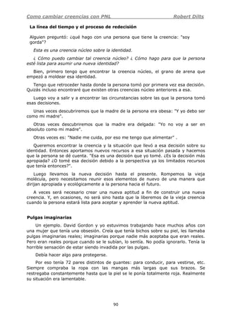 Como cambiar creencias con PNL Robert Dilts
90
La línea del tiempo y el proceso de redecisión
Alguien preguntó: ¿qué hago con una persona que tiene la creencia: "soy
gorda"?
Esta es una creencia núcleo sobre la identidad.
¿ Cómo puedo cambiar tal creencia núcleo? ¿ Cómo hago para que la persona
esté lista para asumir una nueva identidad?
Bien, primero tengo que encontrar la creencia núcleo, el grano de arena que
empezó a moldear esa identidad.
Tengo que retroceder hasta donde la persona tomó por primera vez esa decisión.
Quizás incluso encontraré que existen otras creencias núcleo anteriores a esa.
Luego voy a salir y a encontrar las circunstancias sobre las que la persona tomó
esas decisiones.
Unas veces descubriremos que la madre de la persona era obesa: "Y yo debo ser
como mi madre".
Otras veces descubriremos que la madre era delgada: "Yo no voy a ser en
absoluto como mi madre".
Otras veces es: "Nadie me cuida, por eso me tengo que alimentar" .
Queremos encontrar la creencia y la situación que llevó a esa decisión sobre su
identidad. Entonces aportamos nuevos recursos a esa situación pasada y hacemos
que la persona se dé cuenta. "Esa es una decisión que yo tomé. ¿Es la decisión más
apropiada? ¿O tomé esa decisión debido a la perspectiva ya los limitados recursos
que tenía entonces?".
Luego llevamos la nueva decisión hasta el presente. Rompemos la vieja
molécula, pero necesitamos reunir esos elementos de nuevo de una manera que
dirijan apropiada y ecológicamente a la persona hacia el futuro.
A veces será necesario crear una nueva aptitud a fin de construir una nueva
creencia. Y, en ocasiones, no será sino hasta que la liberemos de la vieja creencia
cuando la persona estará lista para aceptar y aprender la nueva aptitud.
Pulgas imaginarias
Un ejemplo. David Gordon y yo estuvimos trabajando hace muchos años con
una mujer que tenía una obsesión. Creía que tenía bichos sobre su piel, les llamaba
pulgas imaginarias reales; imaginarias porque nadie más aceptaba que eran reales.
Pero eran reales porque cuando se le subían, lo sentía. No podía ignorarlo. Tenía la
horrible sensación de estar siendo invadida por las pulgas.
Debía hacer algo para protegerse.
Por eso tenía 72 pares distintos de guantes: para conducir, para vestirse, etc.
Siempre compraba la ropa con las mangas más largas que sus brazos. Se
restregaba constantemente hasta que la piel se le ponía totalmente roja. Realmente
su situación era lamentable.
 