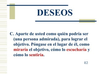 DESEOS C. Aparte de usted como quién podría ser (una persona admirada), para lograr el objetivo. Póngase en el lugar de él, como  miraría  el objetivo, cómo lo  escucharía  y cómo lo  sentiría . E2 