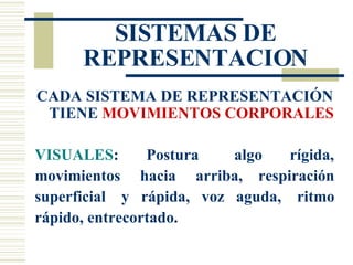 SISTEMAS DE REPRESENTACION CADA SISTEMA DE REPRESENTACIÓN TIENE  MOVIMIENTOS CORPORALES VISUALES :  Postura  algo  rígida, movimientos  hacia  arriba,  respiración superficial  y  rápida,  voz  aguda,  ritmo rápido, entrecortado. 