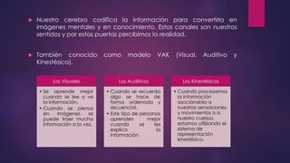  Nuestro cerebro codifica la información para convertirla en
imágenes mentales y en conocimiento. Estos canales son nuestros
sentidos y por estas puertas percibimos la realidad.
 También conocido como modelo VAK (Visual, Auditivo y
Kinestésico).
Los Visuales
• Se aprende mejor
cuando se lee o ve
la información.
• Cuando se piensa
en imágenes se
puede traer mucha
información a la vez.
Los Auditivos
• Cuando se recuerda
algo se hace de
forma ordenada y
secuencial.
• Este tipo de personas
aprenden mejor
cuando se les
explica la
información.
Los Kinestésicos
• Cuando procesamos
la información
asociándola a
nuestras sensaciones
y movimientos o a
nuestro cuerpo,
estamos utilizando el
sistema de
representación
kinestésico.
 