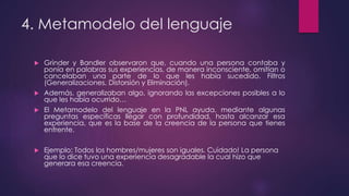 4. Metamodelo del lenguaje
 Grinder y Bandler observaron que, cuando una persona contaba y
ponía en palabras sus experiencias, de manera inconsciente, omitían o
cancelaban una parte de lo que les había sucedido. Filtros
(Generalizaciones, Distorsión y Eliminación).
 Además, generalizaban algo, ignorando las excepciones posibles a lo
que les había ocurrido…
 El Metamodelo del lenguaje en la PNL ayuda, mediante algunas
preguntas específicas llegar con profundidad, hasta alcanzar esa
experiencia, que es la base de la creencia de la persona que tienes
enfrente.
 Ejemplo: Todos los hombres/mujeres son iguales. Cuidado! La persona
que lo dice tuvo una experiencia desagradable la cual hizo que
generara esa creencia.
 