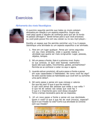 Exercícios
Alinhamento dos niveis Neurológicos
O exercício seguinte permite que todos os niveis estejam
alinhados,em relação a um aspecto específico. Sugiro que
você peça ajuda a alguém de confiança para que ele vá lendo
os passos (devagar e dando tempo para a que você processe)
ou você pode gravar-lhe com seu celular ou no seu mp3 player.:
Escolha un espaço que lhe permita caminhar uns 5 ou 6 passos
Identifique uma atividade ou um aspecto específico a ser alinhado.
1. Pare em um lugar qualquer. Pense por varios segundos
em seu meio ambiente, onde e quando realiza a
atividade que queira ser mais congruente: Lugar, pessoas,
objetos, tempos.
2. Dê um passo a frente. Este é o próximo nivel. Explo-
re sua conduta. O Qué está fazendo realmente?.
Quais são suas ações, movimentos, gestos, pensamentos?
Permita-se se conhecer e estar no aqui e agora.
3. Quando estiver pronto(a), dê outro passo a frente e pense
em suas capacidades e habilidades: No como você faz algo?
Se está usando todas as habilidades que você tem ou somente
uma parte delas?.
4. Dê outro passo e pense em suas crenças e valores
Por que faz isso? O que é que lhe motiva?
O que você pensa das pessoas que estão a sua volta ?
O que há de valioso nas coisas que você faz ?
O que é o importante para você dessa situação?
Tome o tempo necessário para dar as respostas.
5. DÊ um novo passo a frente e pense em sua identidade.
Quem é você? O que é que faz de você único(a), especial?
Qual é sua missão na vida? Como sua atividade se conecta
com sua missão?
 