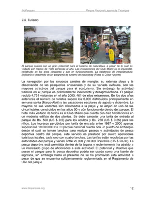 BioParques                                            Parque Nacional Laguna de Tacarigua


2.5. Turismo




El parque cuenta con un gran potencial para el turismo de naturaleza, a pesar de lo cual es
visitado por menos de 1000 personas al año. Las instalaciones del Club Miami (a la izquierda),
construido en los años cincuenta y aún en funcionamiento. La existencia de infraestructura
facilitaría el desarrollo de un programa de turismo de naturaleza (Fotos © César Aponte)

La navegación por los sinuosos canales de manglar, su extensa playa y la
observación de las pesquerías artesanales y de su variada avifauna, son los
mayores atractivos del parque para el ecoturismo. Sin embargo, la actividad
turística en el parque es prácticamente inexistente y desaprovechada. El parque
recibió 4.751 visitantes en el año 2000, 461 de ellos extranjeros. En los dos años
anteriores el número de turistas superó los 6.000 distribuidos principalmente en
semana santa (Marzo-Abril) y las vacaciones escolares de agosto y diciembre. La
mayoría de sus visitantes son aficionados a la playa y se alojan en uno de los
cinco hoteles construidos en los años 50 y aún funcionando dentro del parque. El
hotel más visitado de todos es el Club Miami que cuenta con diez habitaciones en
un modesto edificio de dos plantas. Se debe cancelar una tarifa de entrada al
parque de Bs. 500 (US $ 0,5) para los adultos y Bs. 250 (US $ 0,25) para los
niños. Los ingresos percibidos por tarifa de entrada entre 1997 y 2000 apenas
superan los 10.000.000 Bs. El parque nacional cuenta con un puerto de embarque
desde el cual se toman lanchas para realizar paseos y actividades de pesca
deportiva dentro del parque, este servicio es prestado por cuatro operadores
turísticos locales, cada uno con cuatro lanchas. Las tarifas están reguladas por las
autoridades del parque y varían entre 20.000 y 30.000 Bolívares (US $ 20-30). La
pesca deportiva está permitida dentro de la laguna y recientemente ha atraído a
un interesado grupo de aficionados a esta actividad. El potencial y atractivo que
posee el parque para la pesca deportiva podría ser usado como una fuente de
ingresos, sin embargo hasta el presente no se ha promovido esta actividad a
pesar de que se encuentra suficientemente reglamentada en el Reglamento de
Uso del parque.




www.bioparques.org                                                                          12
 