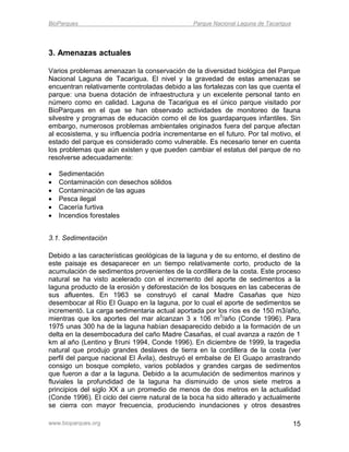 BioParques                                      Parque Nacional Laguna de Tacarigua




3. Amenazas actuales

Varios problemas amenazan la conservación de la diversidad biológica del Parque
Nacional Laguna de Tacarigua. El nivel y la gravedad de estas amenazas se
encuentran relativamente controladas debido a las fortalezas con las que cuenta el
parque: una buena dotación de infraestructura y un excelente personal tanto en
número como en calidad. Laguna de Tacarigua es el único parque visitado por
BioParques en el que se han observado actividades de monitoreo de fauna
silvestre y programas de educación como el de los guardaparques infantiles. Sin
embargo, numerosos problemas ambientales originados fuera del parque afectan
al ecosistema, y su influencia podría incrementarse en el futuro. Por tal motivo, el
estado del parque es considerado como vulnerable. Es necesario tener en cuenta
los problemas que aún existen y que pueden cambiar el estatus del parque de no
resolverse adecuadamente:

   Sedimentación
   Contaminación con desechos sólidos
   Contaminación de las aguas
   Pesca ilegal
   Cacería furtiva
   Incendios forestales


3.1. Sedimentación

Debido a las características geológicas de la laguna y de su entorno, el destino de
este paisaje es desaparecer en un tiempo relativamente corto, producto de la
acumulación de sedimentos provenientes de la cordillera de la costa. Este proceso
natural se ha visto acelerado con el incremento del aporte de sedimentos a la
laguna producto de la erosión y deforestación de los bosques en las cabeceras de
sus afluentes. En 1963 se construyó el canal Madre Casañas que hizo
desembocar al Río El Guapo en la laguna, por lo cual el aporte de sedimentos se
incrementó. La carga sedimentaria actual aportada por los ríos es de 150 m3/año,
mientras que los aportes del mar alcanzan 3 x 106 m3/año (Conde 1996). Para
1975 unas 300 ha de la laguna habían desaparecido debido a la formación de un
delta en la desembocadura del caño Madre Casañas, el cual avanza a razón de 1
km al año (Lentino y Bruni 1994, Conde 1996). En diciembre de 1999, la tragedia
natural que produjo grandes deslaves de tierra en la cordillera de la costa (ver
perfil del parque nacional El Ávila), destruyó el embalse de El Guapo arrastrando
consigo un bosque completo, varios poblados y grandes cargas de sedimentos
que fueron a dar a la laguna. Debido a la acumulación de sedimentos marinos y
fluviales la profundidad de la laguna ha disminuido de unos siete metros a
principios del siglo XX a un promedio de menos de dos metros en la actualidad
(Conde 1996). El ciclo del cierre natural de la boca ha sido alterado y actualmente
se cierra con mayor frecuencia, produciendo inundaciones y otros desastres

www.bioparques.org                                                                    15
 