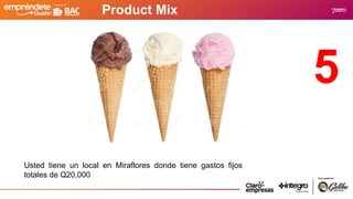 Product Mix
5
Usted tiene un local en Miraflores donde tiene gastos fijos
totales de Q20,000
 