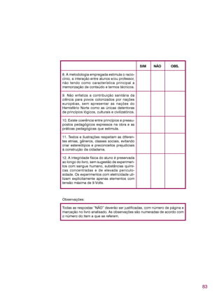 83
SIM NÃO OBS.
8. A metodologia empregada estimula o racio-
cínio, a interação entre alunos e/ou professor,
não tendo como característica principal a
memorização de conteúdo e termos técnicos.
9. Não enfatiza a contribuição sanitária da
ciência para povos colonizados por nações
européias, sem apresentar as nações do
Hemisfério Norte como as únicas detentoras
de princípios lógicos, culturais e civilizatórios.
10. Existe coerência entre princípios e pressu-
postos pedagógicos expressos na obra e as
práticas pedagógicas que estimula.
11. Textos e ilustrações respeitam as diferen-
tes etnias, gêneros, classes sociais, evitando
criar estereótipos e preconceitos prejudiciais
à construção da cidadania.
12. A integridade física do aluno é preservada
ao longo do livro, sem sugestão de experimen-
tos com sangue humano, substâncias quími-
cas concentradas e de elevada periculo-
sidade. Os experimentos com eletricidade uti-
lizam explicitamente apenas elementos com
tensão máxima de 9 Volts.
Observações:
Todas as respostas “NÃO” deverão ser justificadas, com número de página e
marcação no livro analisado. As observações são numeradas de acordo com
o número do item a que se referem.
 