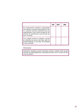91
SIM NÃO OBS.
78. Conhecimento científico é apresentado
como distinto do conhecimento prévio do alu-
no, evitando práticas pedocêntricas que
supervalorizam o que o aluno já sabe em de-
trimento do conhecimento que ele pode ad-
quirir na escola.
79. A coleção confere ao professor a função
de intérprete da cultura, sem fazer dele um
simples facilitador ou animador de atividades
de auto-instrução.
Observações:
Justificativa necessária quando parecerista analisa a coleção inteira (quatro
volumes). As observações são numeradas de acordo com o número do item
a que se referem.
 
