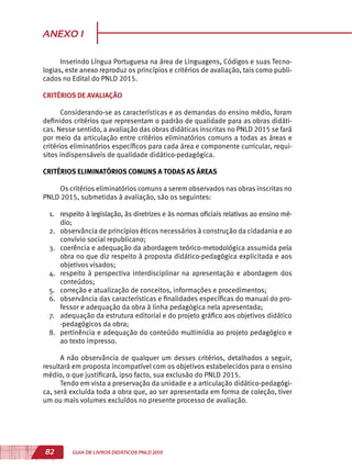 82 GUIA DE LIVROS DIDÁTICOS PNLD 2015
ANEXO 1
Inserindo Língua Portuguesa na área de Linguagens, Códigos e suas Tecno-
logias, este anexo reproduz os princípios e critérios de avaliação, tais como publi-
cados no Edital do PNLD 2015.
CRITÉRIOS DE AVALIAÇÃO
Considerando-se as características e as demandas do ensino médio, foram
definidos critérios que representam o padrão de qualidade para as obras didáti-
cas. Nesse sentido, a avaliação das obras didáticas inscritas no PNLD 2015 se fará
por meio da articulação entre critérios eliminatórios comuns a todas as áreas e
critérios eliminatórios específicos para cada área e componente curricular, requi-
sitos indispensáveis de qualidade didático-pedagógica.
CRITÉRIOS ELIMINATÓRIOS COMUNS A TODAS AS ÁREAS
Os critérios eliminatórios comuns a serem observados nas obras inscritas no
PNLD 2015, submetidas à avaliação, são os seguintes:
1.	 respeito à legislação, às diretrizes e às normas oficiais relativas ao ensino mé-
dio;
2.	 observância de princípios éticos necessários à construção da cidadania e ao
convívio social republicano;
3.	 coerência e adequação da abordagem teórico-metodológica assumida pela
obra no que diz respeito à proposta didático-pedagógica explicitada e aos
objetivos visados;
4.	 respeito à perspectiva interdisciplinar na apresentação e abordagem dos
conteúdos;
5.	 correção e atualização de conceitos, informações e procedimentos;
6.	 observância das características e finalidades específicas do manual do pro-
fessor e adequação da obra à linha pedagógica nela apresentada;
7.	 adequação da estrutura editorial e do projeto gráfico aos objetivos didático
-pedagógicos da obra;
8.	 pertinência e adequação do conteúdo multimídia ao projeto pedagógico e
ao texto impresso.
A não observância de qualquer um desses critérios, detalhados a seguir,
resultará em proposta incompatível com os objetivos estabelecidos para o ensino
médio, o que justificará, ipso facto, sua exclusão do PNLD 2015.
Tendo em vista a preservação da unidade e a articulação didático-pedagógi-
ca, será excluída toda a obra que, ao ser apresentada em forma de coleção, tiver
um ou mais volumes excluídos no presente processo de avaliação.
 