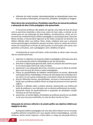 86 GUIA DE LIVROS DIDÁTICOS PNLD 2015
2.	 utilizarem de modo incorreto, descontextualizado ou desatualizado esses mes-
mos conceitos e informações, em exercícios, atividades, ilustrações ou imagens.
Observância das características e finalidades específicas do manual do professor
e adequação da obra à linha pedagógica nela apresentada.
O manual do professor não poderá ser apenas uma cópia do livro do aluno
com os exercícios resolvidos e deve visar, antes de mais nada, a orientar os do-
centes para um uso adequado da obra didática, constituindo-se, ainda, em ins-
trumento de complementação didático-pedagógica e atualização para o docente.
Nesse sentido, o manual deve organizar-se de modo a propiciar ao docente uma
efetiva reflexão sobre sua prática. Deve, ainda, colaborar para que o processo
ensino-aprendizagem acompanhe avanços recentes, tanto no campo de conheci-
mento do componente curricular da obra quanto na articulação com outros com-
ponentes curriculares, com a pedagogia e com a didática em geral.
Considerando-se esses princípios, serão excluídas as obras cujos manuais
não se caracterizarem por:
1.	 explicitar os objetivos da proposta didático-pedagógica efetivada pela obra
e os pressupostos teórico-metodológicos por ela assumidos;
2.	 descrever a organização geral da obra, tanto no conjunto dos volumes quan-
to na estruturação interna de cada um deles;
3.	 apresentar o uso adequado dos livros, inclusive no que se refere às estraté-
gias e aos recursos de ensino a serem empregados;
4.	 indicar as possibilidades de trabalho interdisciplinar na escola, oferecendo
orientação teórico-metodológica e formas de articulação dos conteúdos do li-
vro entre si e com outros componentes curriculares e áreas do conhecimento;
5.	 discutir diferentes formas, possibilidades, recursos e instrumentos de ava-
liação que o professor poderá utilizar ao longo do processo ensino-aprendi-
zagem;
6.	 propiciar a reflexão sobre a prática docente, favorecendo sua análise por
parte do professor e sua interação com os demais profissionais da escola;
7.	 apresentar textos de aprofundamento e propostas de atividades comple-
mentares às do livro do aluno;
8.	 apresentar, na versão digital, orientações ao professor quanto ao uso didáti-
co de seus recursos multimídia, no caso da obra inscrita no Tipo 1.
Adequação da estrutura editorial e do projeto gráfico aos objetivos didático-pe-
dagógicos da obra.
A proposta didático-pedagógica de uma obra deve traduzir-se em um proje-
to gráfico-editorial compatível com suas opções teórico-metodológicas, conside-
rando-se, dentre outros aspectos, a faixa etária e a etapa da educação básica a
 