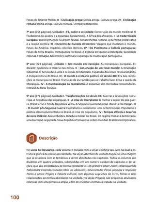 100
Povos do Oriente Médio. III - Civilização grega: Grécia antiga. Cultura grega. IV - Civilização
romana: Roma antiga. Cultura romana. O Império Bizantino.
7º ano (256 páginas). Unidade I - Fé, poder e sociedade: Construção do mundo medieval. O
feudalismo. Os árabes e a expansão do islamismo. A África dos africanos. II - A modernidade
Europeia: Transformações na ordem feudal. Renascimento cultural. A Reforma protestante
e a reação católica. III - Encontro de mundos diferentes: Viagens que mudaram o mundo.
Povos da América. Impérios coloniais ibéricos. IV - De Pindorama a Colônia portuguesa:
Povos da Terra Brasilis. Portugueses no Brasil. A Colônia enriquece a Metrópole. Sociedade
colonial. Formação do território colonial e expansão da colonização portuguesa.
8º ano (224 páginas). Unidade I - Um mundo em transição: As monarquias europeias. El-
dorado: opulência e miséria nas minas. II - Construção de um novo mundo: A Revolução
Industrial. O Século das Luzes e os ideias de liberdade. Expansão dos ideais revolucionários.
A Independência do Brasil. III - O mundo e o ideário político do século XIX: Era das revolu-
ções. A monarquia no Brasil. Transição da escravidão para o trabalho livre. Crise e queda da
Monarquia. IV - A mundialização do capitalismo: A expansão dos mercados consumidores.
O Brasil da Belle Époque.
9º ano (272 páginas). Unidade I. Transformações do século XX: Guerras e revoluções na Eu-
ropa. A República das oligarquias. II - A crise do liberalismo: O melhor e o pior do pós-guer-
ra. Brasil: crise e fim da República Velha. A Segunda Guerra Mundial. Brasil: a Era Vargas. III
- O mundo pós-Segunda Guerra: Capitalismo x socialismo: uma ordem bipolar. Populismo e
política desenvolvimentista no Brasil. A crise do populismo. IV - Tempos difíceis e desafios
do novo milênio: Anos rebeldes. Ditadura militar no Brasil. Do regime militar à democracia:
uma transição negociada. Nova República? Uma nova ordem mundial. Brasil contemporâneo.
No Livro do Estudante, cada volume é iniciado com a seção Conheça seu livro, na qual a es-
trutura gráfica da obra é apresentada. Na seção Abertura de unidade dispõe-se uma imagem
que se relaciona com as temáticas a serem abordadas nos capítulos. Todos os volumes são
divididos em quatro unidades, subdivididas em um número variável de capítulos e de se-
ções, que são encontradas de forma constante e: Um primeiro olhar; Zoom; Desenvolvendo
habilidades; Fazendo conexões; Ideia vai, ideia vem; Leitura em dia; Pense, pesquise e responda;
Ponto a ponto; Projeto e Estante cultural, com algumas sugestões de livros, filmes e sites
relacionados aos temas abordados na unidade. Na seção Projetos, são propostas atividades
coletivas com uma temática ampla, a fim de encerrar a temática tratada na unidade.
Descrição
 